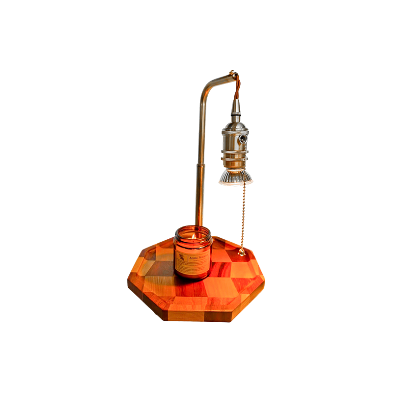 Retro svíčková teplejší lampa s mosazí a dřevem - pozlacený úsvit